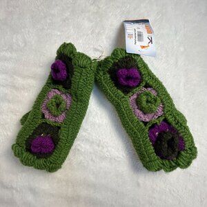 Kathmandu Inc Hand Warmer Wool Fingerless Gloves Floral Crochet Detail Green New